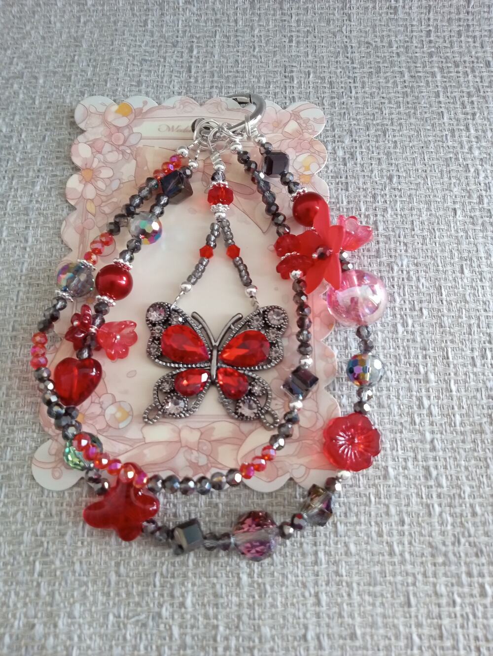 Butterfly PHONE CHARM RED AND BLACK BEADED FLOWERS and BUTTERFLY 1271